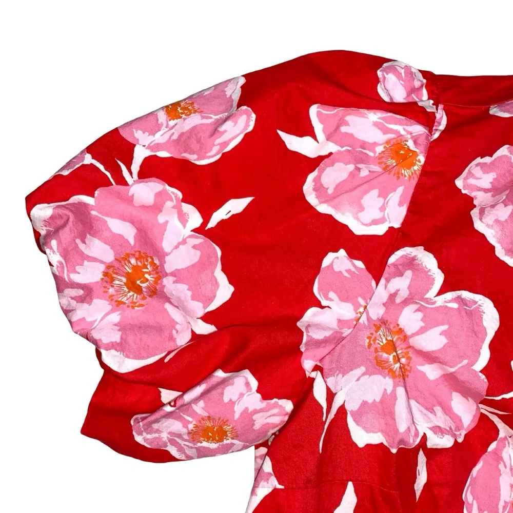 Old Navy Floral Wrap Blouse Puff Sleeves Large Red Cotton Lightweight V Neck